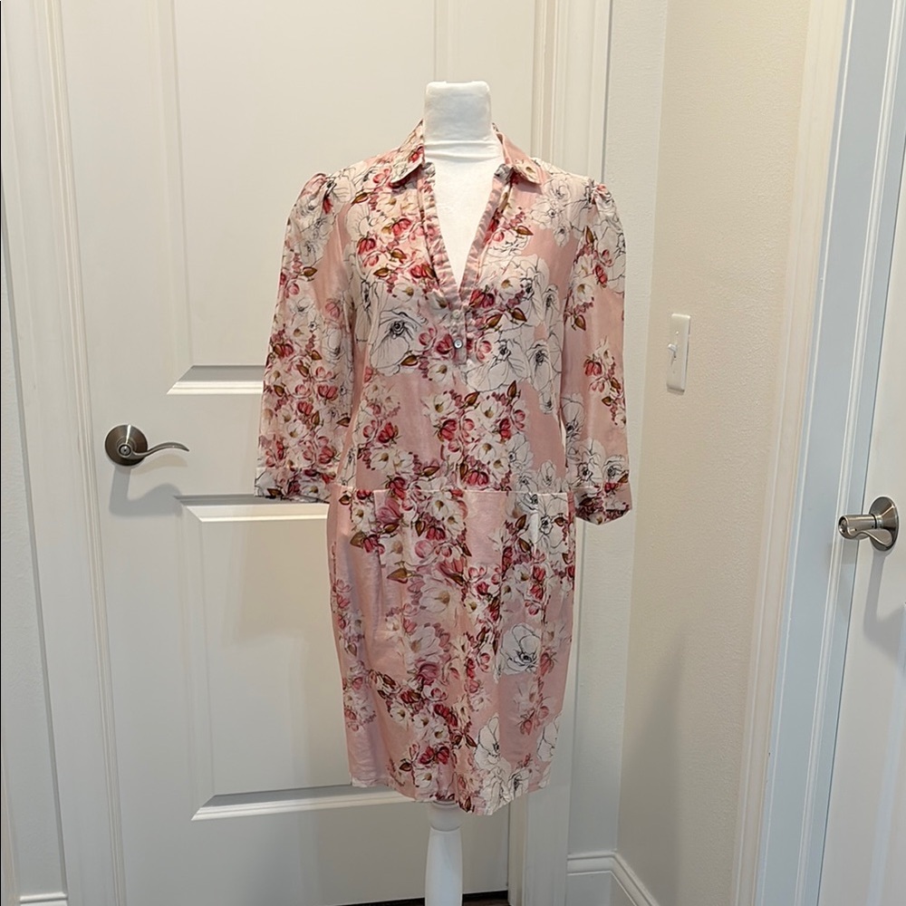 Pink and Cream Sheath Dress with Notched Collar and 3/4 Puff Sleeves